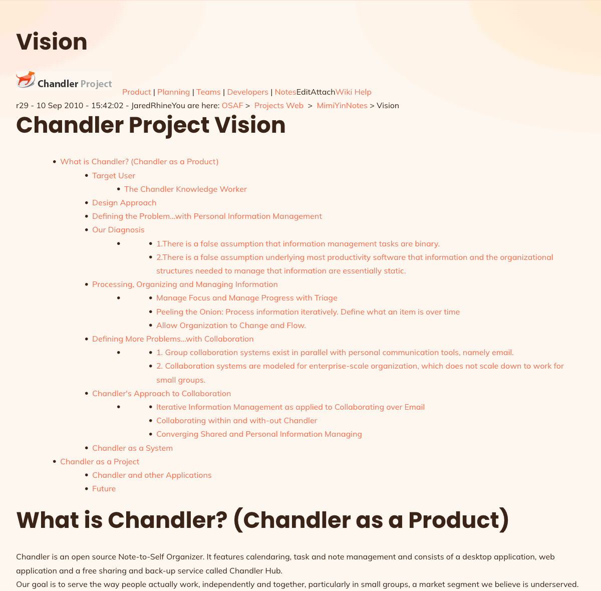 The Chandler Project Vision page, archived — TWiki revision r29, 10 Sep 2010